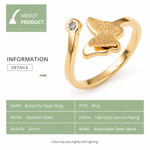 แหวนผีเสื้อเปิดวง สแตนเลสสตีล ชุบทอง 14K แบบสุญญากาศ ประดับเพชรซิร์คอน - Product Image 3