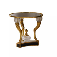 Table d'appoint ronde dorée en bois massif sculpté à la main, style rococo royal français, avec miroir noir et boule de cristal