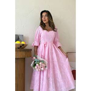 Vestido de Organza Rosa Bordado con Cuello Cuadrado, Estilo Vintage, Hecho a Mano, para Eventos Nocturnos, Cintura Natural - Product Image 3