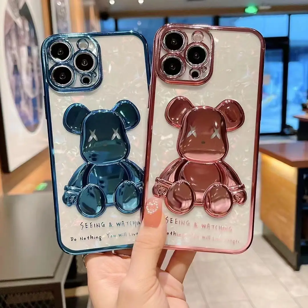 Fashion cartoon electroplating 3D stereo bear clear mobile phone case for iphone 14 13 12 11 Pro max 8 7 plus back cover