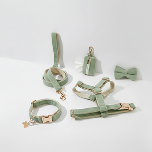 Correa de perro de pana verde salvia. Paso para niña perro. Cachorro con lazo personalizado. Conjunto de arnés y correa para collar de perro - Product Image 1