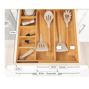 Adjustable Bamboo Drawer Organizer Rectangular Pull Out <b>Storage</b> <b>Box</b> For <b>Kitchen</b> Utensils - Product Image 3