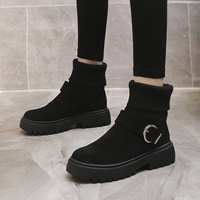 Bottines en daim tricotées pour femme, double usage, nouvelle collection automne 2023, style britannique, avec boucle de ceinture, talon moyen, chaudes et confortables