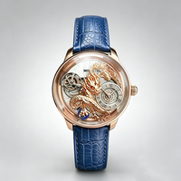 Montre mécanique pour homme Astronomia Dragon Series, saphir incurvé, cadran sculpté en 3D avec dragon doré, bracelet en cuir véritable bleu
