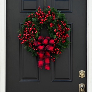 Guirlande <span class=keywords><strong>de</strong></span> Noël à suspendre à la <span class=keywords><strong>porte</strong></span>, nœud rouge à carreaux, baies, décoration <span class=keywords><strong>de</strong></span> Noël artificielle, couronne <span class=keywords><strong>pour</strong></span> la ferme, intérieur et extérieur - Product Image 2