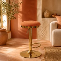 Tabouret de bar pivotant moderne en tissu rembourré, réglable en hauteur, avec base en métal doré poli et repose-pieds, pour la maison ou le comptoir de pub