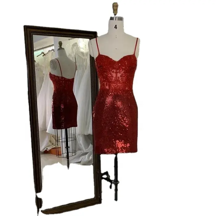 Vestido de fiesta elegante corto brillante con cuentas Rojas 2023 vestido de noche sexy con cuello en V corto Halter rojo