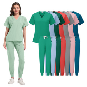 Women's Scrub Set Short Sleeve V Neck Elastic Waist Pants Moisture Wicking Hospital Uniforms Split Set S XXL - Product Image 1