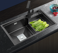 Évier de cuisine Double bol moderne, multifonctions, fait à la main en acier inoxydable, égouttoir en verre pour les éviers de cuisine, 1 pièce