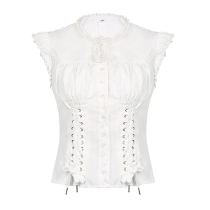 Blusa Gótica de Encaje con Cordones y Mangas con Volantes - Cuello Redondo, Top de Mujer, Romántico, Vintage, Verano, Tejido de Punto - Product Image 4