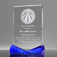 Trophée en verre personnalisé de prestige, plaque en cristal avec base bleue pour la reconnaissance des employés, cadeau de retraite, vente en gros
