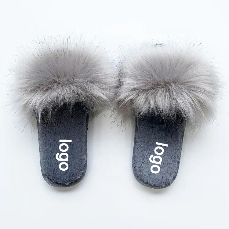 Cheap Real Fox Fur Women' Fox Fur Slippers Beautiful Fluffy Slides Home Plush Furry Grey Slippers for the UK