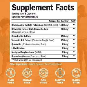 Complément articulaire halal sans produits d'origine animale : capsules de glucosamine et chondroïtine, comprimés de glucosamine, glucosamine chondroïtine MSM - Product Image 5