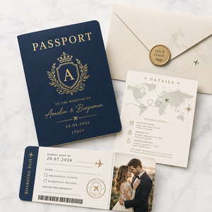 <span class=keywords><strong>Carte</strong></span> de vœux de mariage personnalisée SHINY avec design de <span class=keywords><strong>carte</strong></span> d'embarquement, papier artistique, invitation en livret avec dorure à chaud - Couleurs et logo personnalisés - Product Image 1