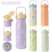 Botol Minum Termos Olahraga Stainless Steel 600ml Custom Flower, Dinding Ganda Vakum, Portabel, dengan Gagang