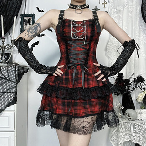 Vestido corto gótico a cuadros para mujer con ribete de encaje, vestido de fiesta con estética punk rock para Halloween - Product Image 3