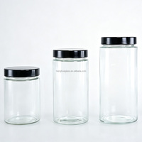 Pot en verre rond ergonomique de qualité alimentaire à large ouverture, 106 ml, 180 ml, 212 ml, 250 ml, 380 ml, 500 ml, pour confiture, sauce, miel, cornichons, avec couvercle à vis noir