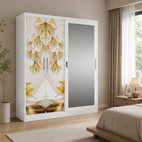Armoire en acier à 3 portes coulissantes avec miroir, imprimé feuille de Ginkgo dorée, rangement pour chambre à coucher