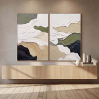 Grande Peinture à l'Huile Abstraite Texturée Faite à la Main sur Toile Beige Vert Noir, Diptyque Moderne pour Mur Intérieur, Taille Personnalisable