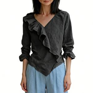 Women's Ruffled V-Neck Linen Blouse - Long Sleeve Asymmetrical Hem <b>Top</b> Shirt Fashion - Product Image 2