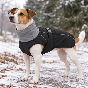 Abrigo de Invierno para Perro, Chaqueta de Nailon Negra Resistente al Viento con Cuello Alto Gris para Perros Pequeños - Product Image 1