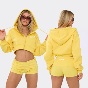 Ensemble de survêtement jaune à capuche pour femme, coupe courte, double fermeture éclair, manches longues, couleur unie, coupe ample, décontracté, pour le printemps, avec logo imprimé - Product Image 1