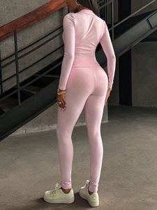 OEM personaliza tu logotipo gráfico 2 uds. Top de manga larga con cremallera para <span class=keywords><strong>mujer</strong></span> y pantalones de color sólido conjunto deportivo acogedor informal rosa para <span class=keywords><strong>mujer</strong></span> - Product Image 3