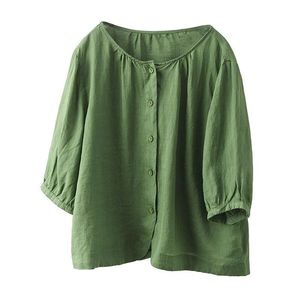 Women's Green Linen Shirt Loose Round Neck Button Front Summer Blouse Casual Everyday Wear - Product Image 5