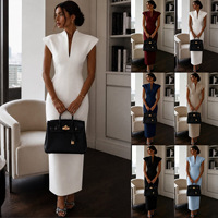 Robe élégante de bureau pour femmes, sans manches, col haut, moulante, col en V, tissu structuré, pour réunions de bureau, soirées, femmes
