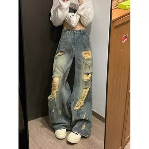 Jeans a Gamba Larga da Donna Stile Retrò Casual a Vita Bassa con Strappi Jeans Versatili Vendita all'Ingrosso - Product Image 1