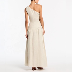 Abbigliamento estivo personalizzato di fascia alta OEM elegante Vintage monospalla Maxi <span class=keywords><strong>da</strong></span> <span class=keywords><strong>donna</strong></span> allentata abito Casual <span class=keywords><strong>da</strong></span> <span class=keywords><strong>donna</strong></span> 100% tessuto di <span class=keywords><strong>lino</strong></span> - Product Image 4
