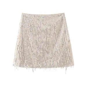 Beige color sequin front tassel zipper fly casual fashion mini skirt for women