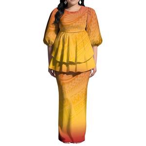 2025新到Puletasi褶边连衣裙定制萨摩亚印花粉扑袖长裙波利尼西亚背缝女士连衣裙两件套 - Product Image 5