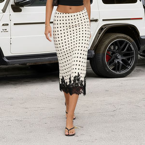 Falda Midi Elástica y Transpirable de Malla Satinada con Estampado de Puntos para Mujer, Falda Cruzada Elegante con Ribete de Encaje y Cintura Natural para Verano - Product Image 3