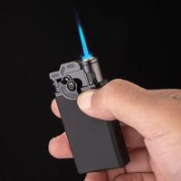 Briquet à gaz butane noir en métal, coupe-vent, pour homme, flamme bleue droite, allumage fixe, épaissi, rechargeable, idéal pour un cadeau