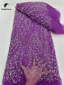 Sang Trọng Nặng Đầy Màu Sắc Nền <span class=keywords><strong>Net</strong></span> Ren Ngọc Trai Thêu Ren Vải Hạt Ren Vải Cho Ăn Mặc - Product Image 3