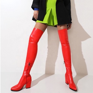 2022 New Long Style Thigh High PU Stretch Boots Pointy Toe Square High Heel Over the Knee Custom Big Size 48 Women <b>Shoes</b> - Product Image 1