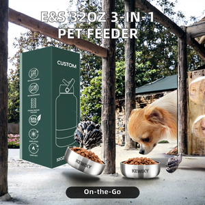ई एंड एस कस्टम लोगो 32 औंस पोर्टेबल स्टेनलेस स्टील पालतू जानवरों के लिए भोजन पानी के लिए 3-इन-1 शैली - Product Image 2