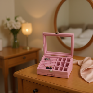 Pink Flock <b>Jewelry</b> <b>Organizer</b> <b>Box</b> with 9 Grid Ring Holder and Mirror Lid for Home Storage, Brand Mx29205456705cqic, Made in China - Product Image 2