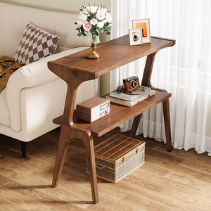 Modern Rubber Wood 2-Tier <strong>Side</strong> <strong>Table</strong> <strong>Narrow</strong> End <strong>Table</strong> Sofa <strong>Side</strong> <strong>Table</strong> for Living Room &amp; Bedroom Nightstand with Storage Shelf - Product Image 1