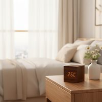 Jam Alarm Digital LED Aktivasi Suara Fungsi Senyap Desain Bercahaya Untuk Pelajar Bentuk Persegi Panjang Bodi Kayu Meja Kamar Tidur Kantor
