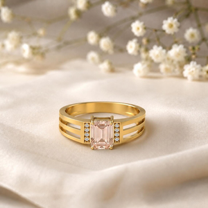 <b>Emerald</b> Cut Pink Morganite Engagement <b>Ring</b> Handmade Triple Split Shank <b>Ring</b> 925 Sterling <b>Silver</b> with 18K Gold Filled Finish Gift - Product Image 1