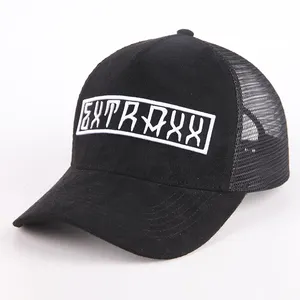 Grosir kustom kualitas tinggi 5 panel hitam bordir logo tambalan gorras mesh topi trucker topi