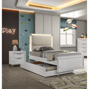 Lit double contemporain blanc nacré avec lit gigogne, 2 tables de chevet et panneaux embossés – Mobilier de chambre - Product Image 5