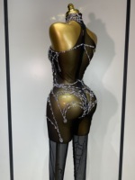 Combinaison moulante en maille sexy à taille haute avec diamants brillants pour femmes, tenue de danseuse de bar de nuit, spectacle, danseuse gogo, scène