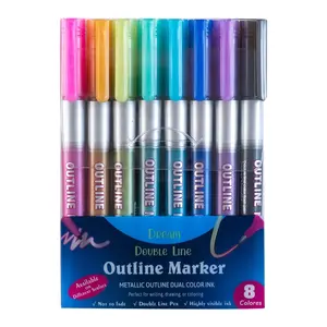 हॉट सेल मैजिक हाइलाइट ग्लिटर सेल्फ मैटेलिक मार्कर डबल लाइन आउटलाइन पेन DIY के लिए 8 रंग आउटलाइन मार्कर