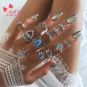 BELLEWORLD Set Perhiasan Modis Wanita 2022 Cincin Jari Permata Bintang Mahkota Bertatahkan Berlian Antik Warna Emas Perak 13 Buah/Set