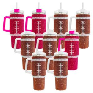 <b>Double</b> <b>Wall</b> 40Oz Print American Football Hot Pink Rhinestone Tumbler Coffee <b>Mug</b> With Handle Gift for Rugby Lover - Product Image 1