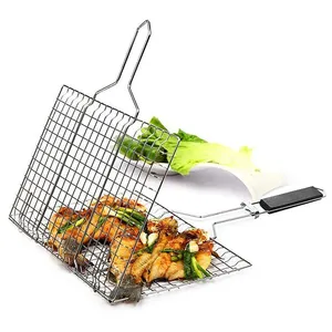 Panier de Barbecue à légumes Portable en acier inoxydable 430, accessoires de Barbecue, ensemble d'outils avec poignée en bois amovible