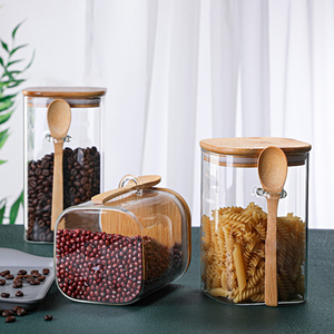 Heat-resistant Square Glass Bamboo Lid Storage Jar With Small Spoon Snack Tea Jar Kitchen Storage Sealed Jar